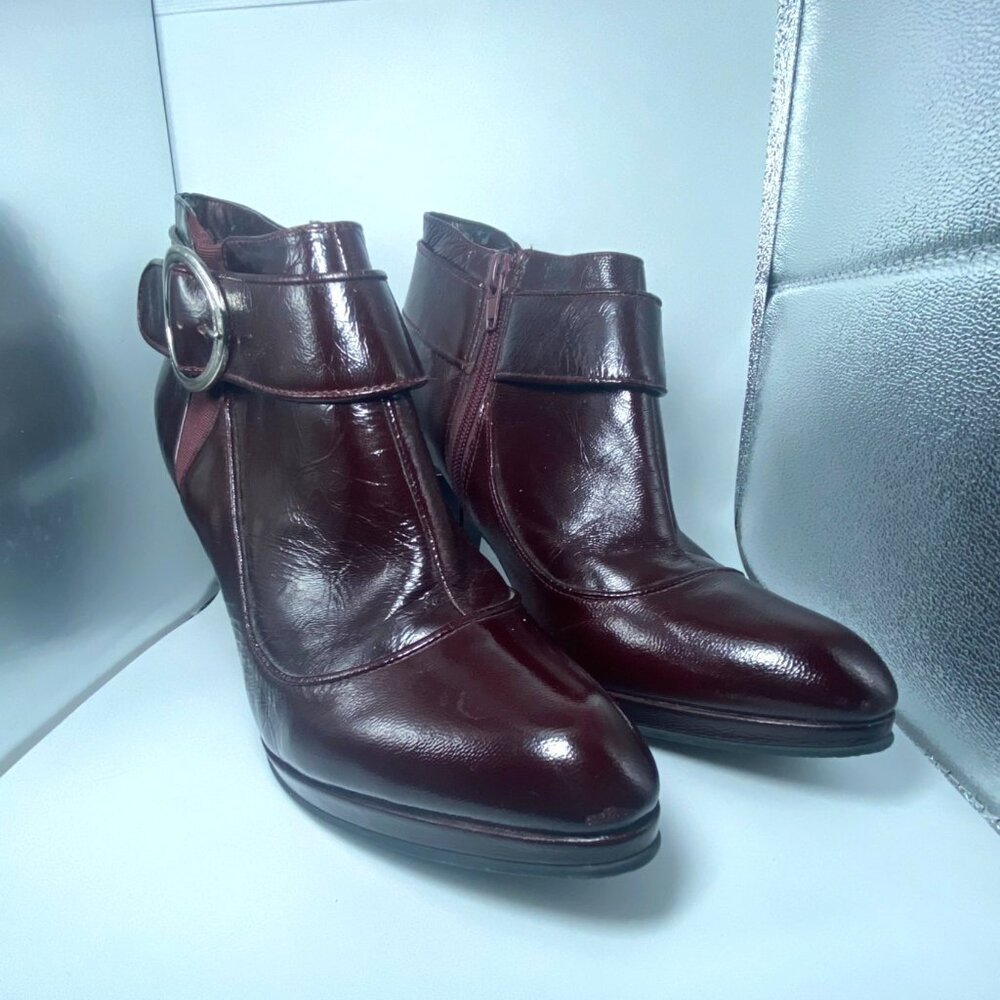 Burgundy Leather‎ Ankle Boots With Silver Buckle & Pointed Toe